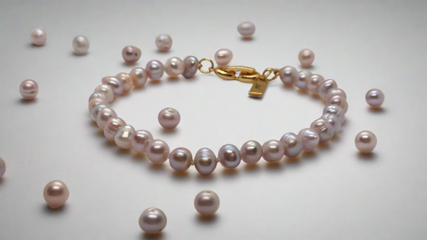 Lavender Pearl Bracelet - gold fold-over clasp