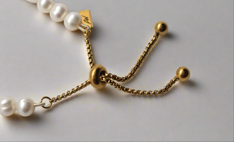 White Pearl Bracelet - gold sliding clasp