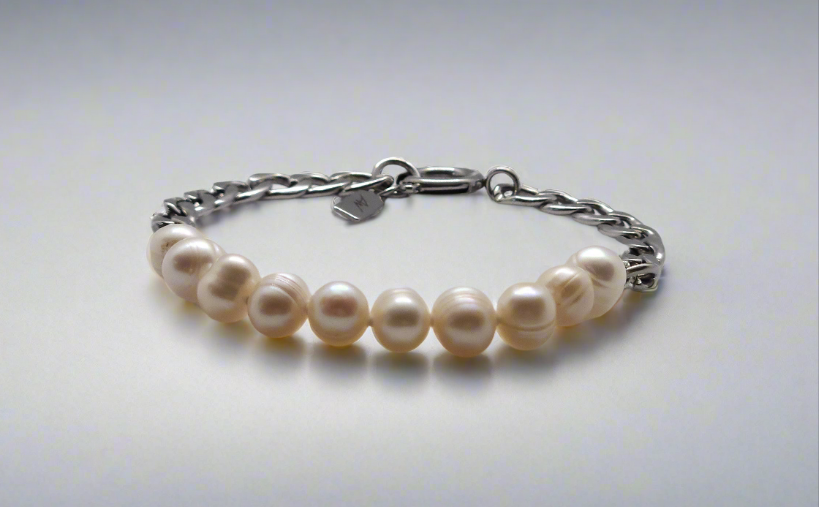 White Pearl Bracelet & Curb Chain - spring ring clasp
