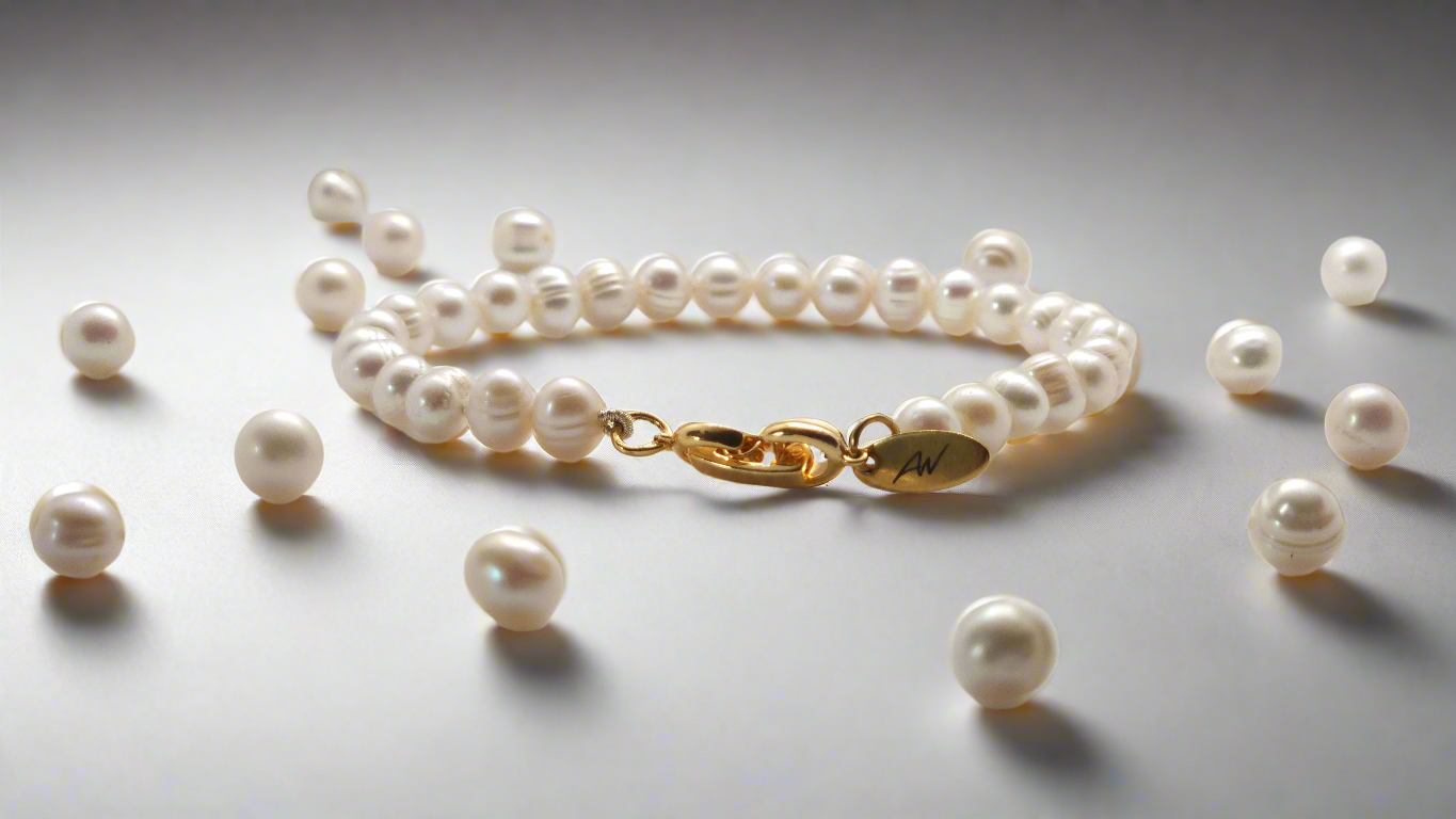 White Pearl Bracelet - gold fold-over clasp