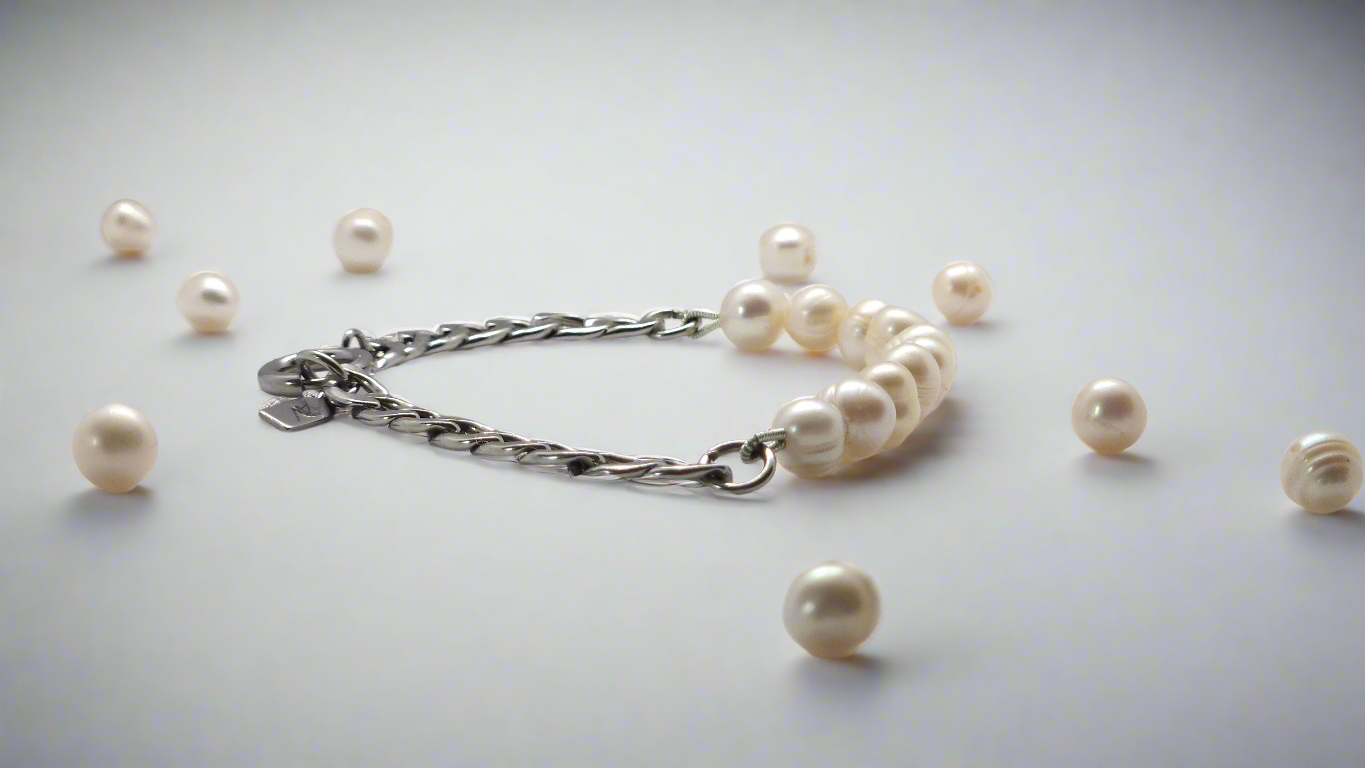 White Pearl Bracelet & Curb Chain - spring ring clasp