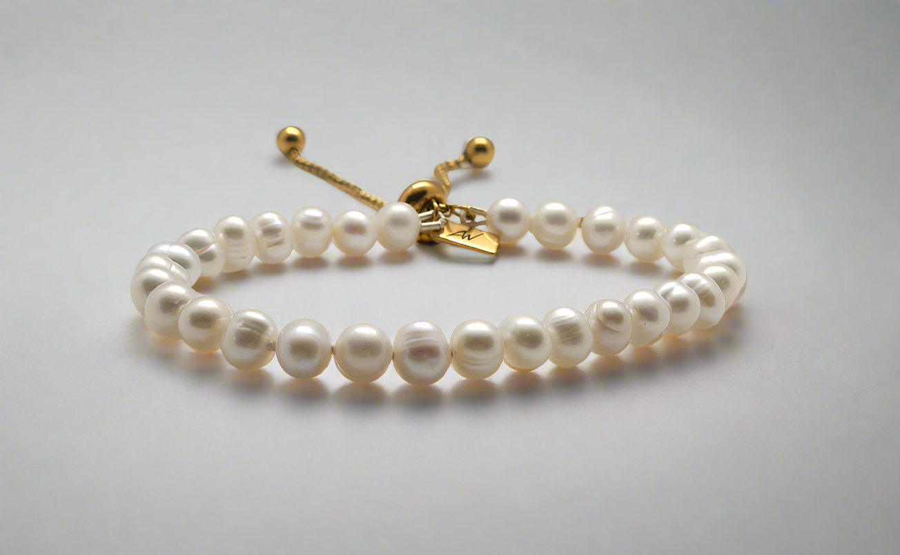 White Pearl Bracelet - gold sliding clasp