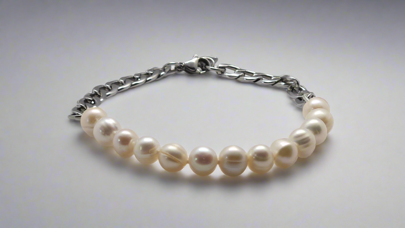 White Pearl Bracelet & Curb Chain - lobster clasp