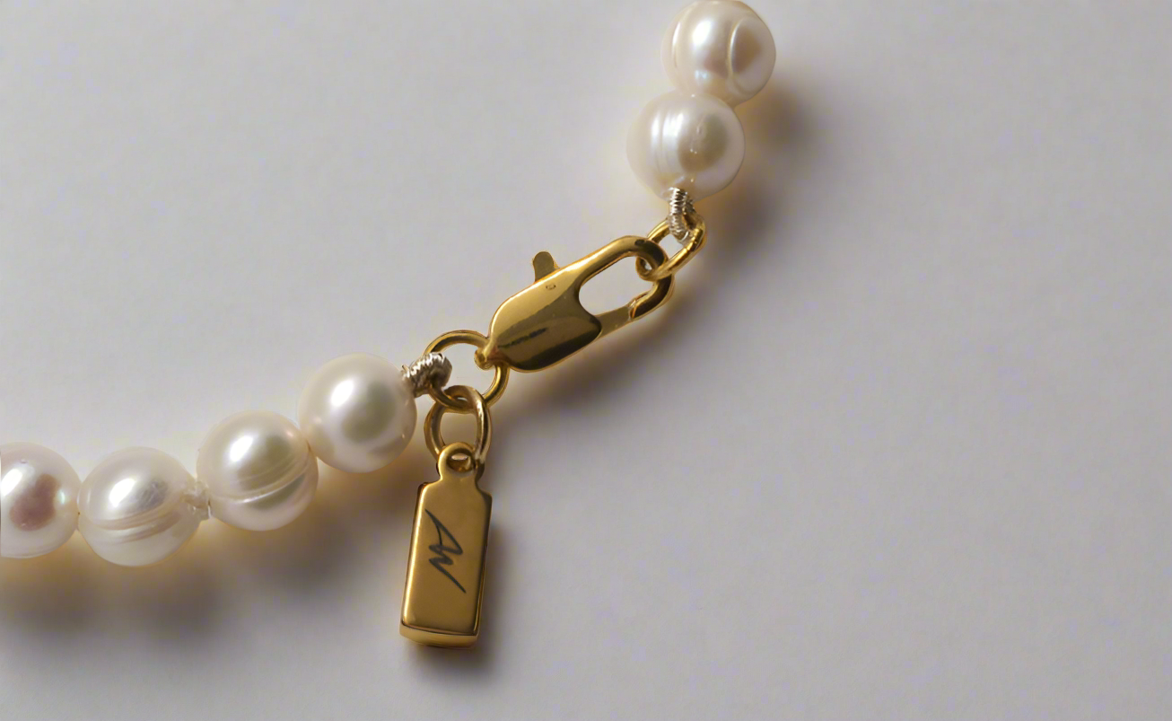 White Pearl Bracelet - gold lobster clasp