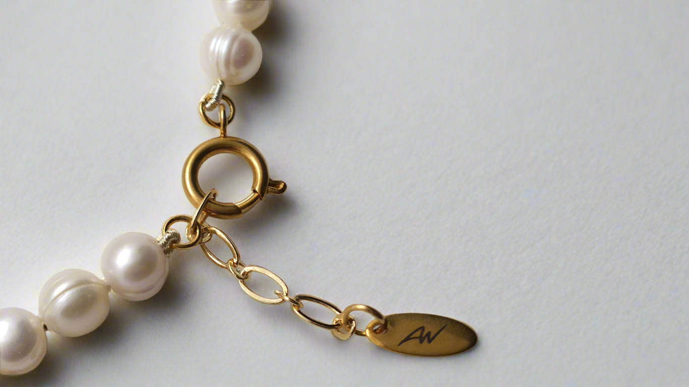 White Pearl Necklace - gold spring ring clasp extended
