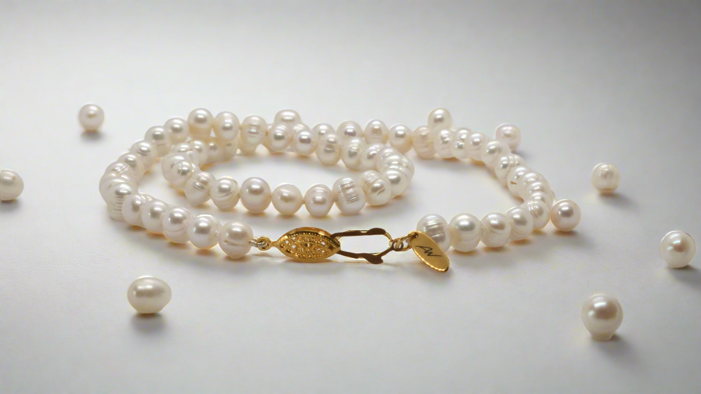 White Pearl Necklace - gold fish hook clasp