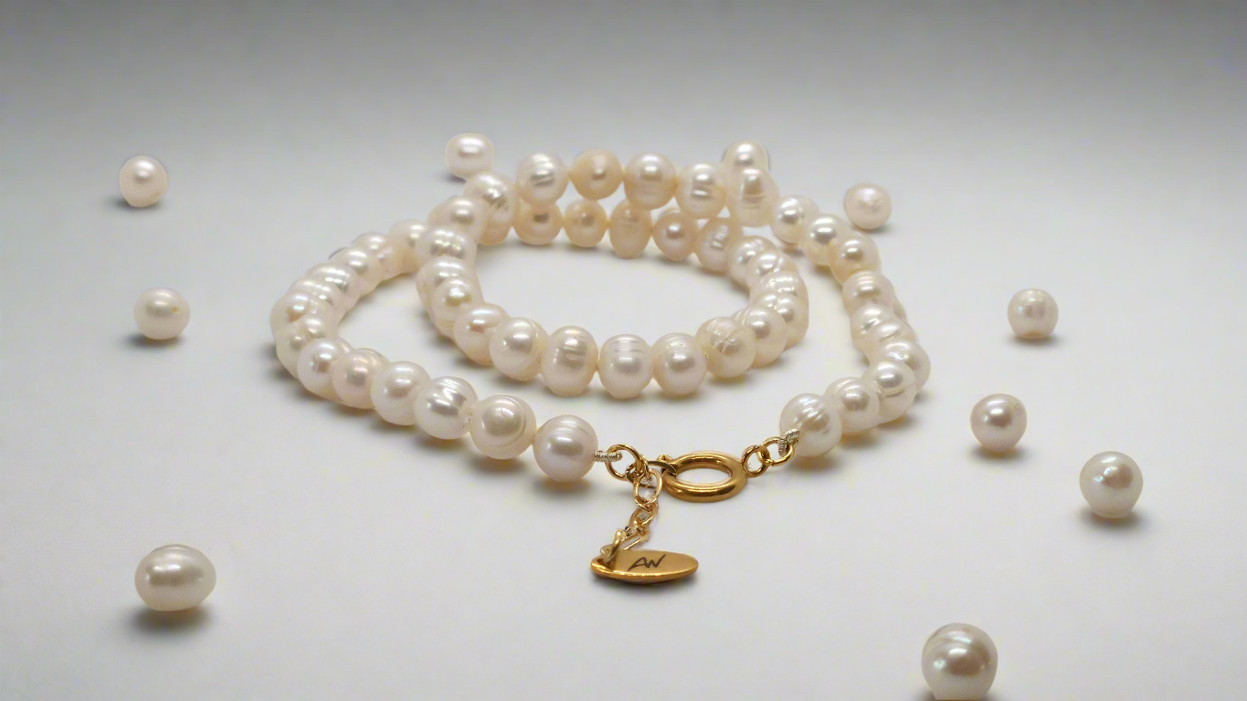 White Pearl Necklace - gold spring ring clasp extended
