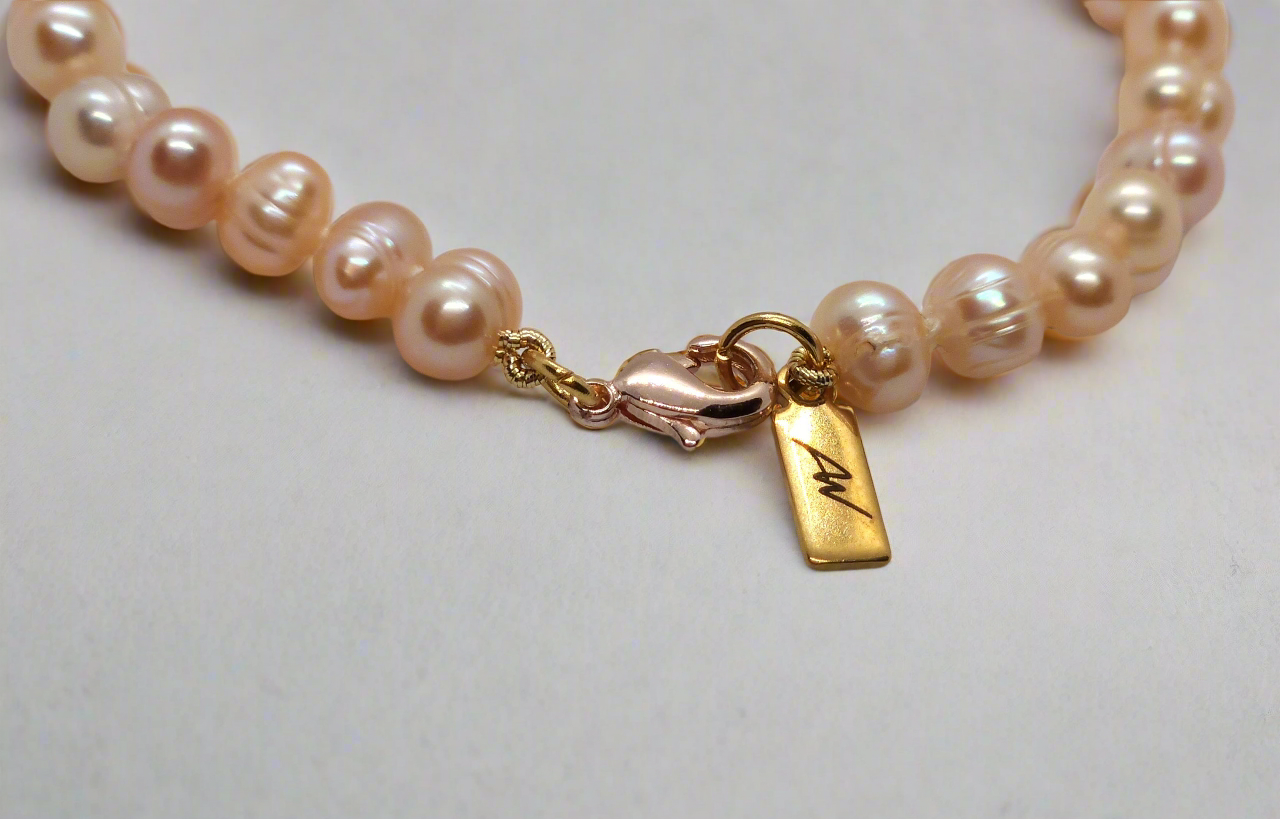 Peach Pearl Bracelet - rose gold lobster clasp