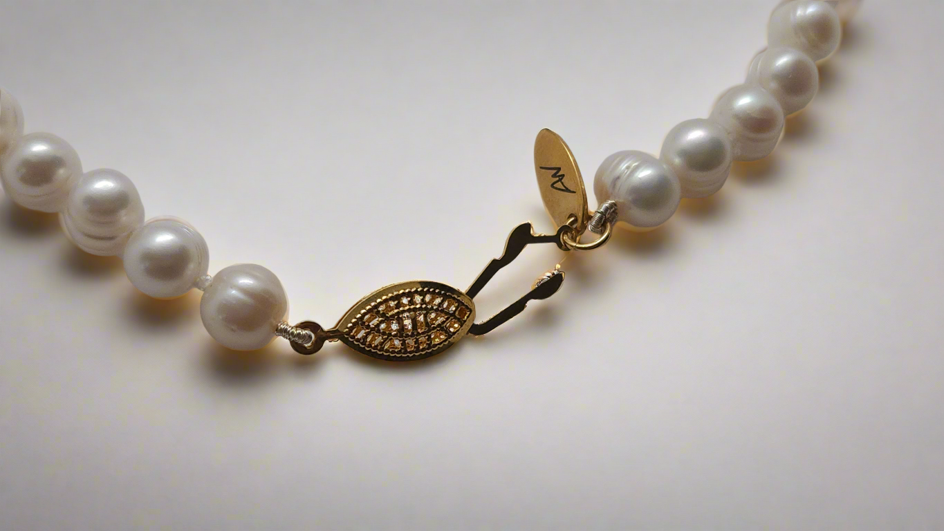 White Pearl Necklace - gold fish hook clasp
